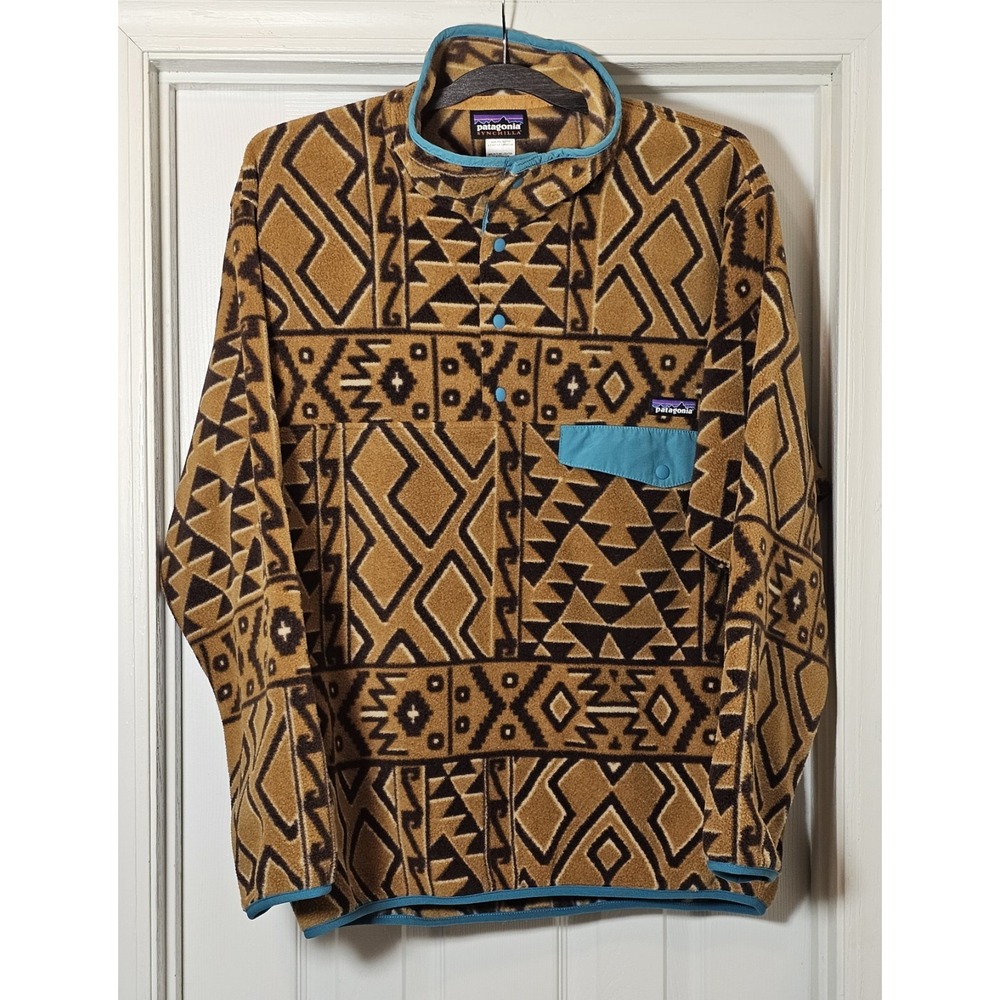 Patagonia Men Snap-T Synchilla Fleece Pullover Medium Montana Siete‎ Bear Brown